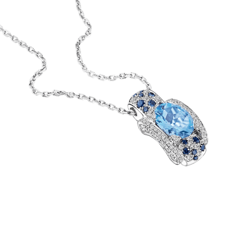 Pendentif Eternité Elégance, or blanc, Aigue-marine, diamants et saphirs