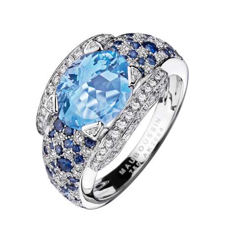 Ring Eternite Elegance, white gold, Aquamarine, diamonds and Sapphires