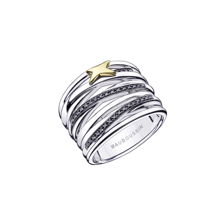 Bague "Kiff & Kiss", argent, étoile or jaune, pavage diamants noirs