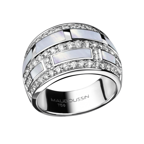 Bague la vertu, or blanc, pavage diamants, nacre blanche 