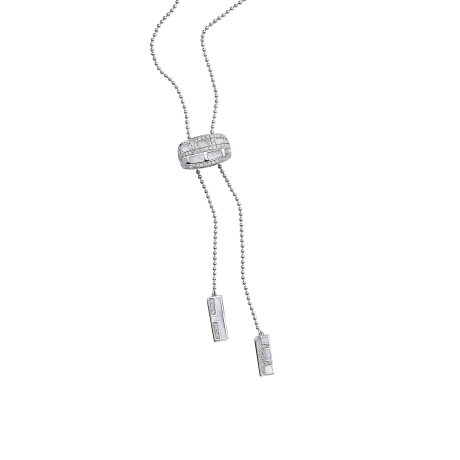 Collier la vertu, or blanc, pavage diamants, nacre blanche.