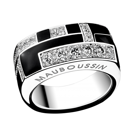 Bague belle de nuit or blanc, pavage diamants, laque noir.