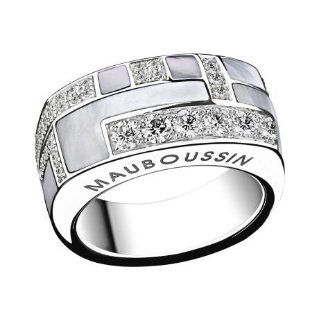 Bague belle de jour, or blanc, pavage diamants, nacre blanche 