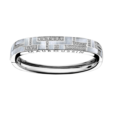 Bracelet belle de jour, or blanc, pavage diamants, nacre blanche 