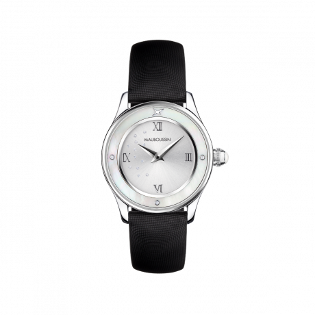 MONTRE JE T'ADORE JOUR ET NUIT, CUIR, RONDE BLANCHE Cuir, diamants et nacre