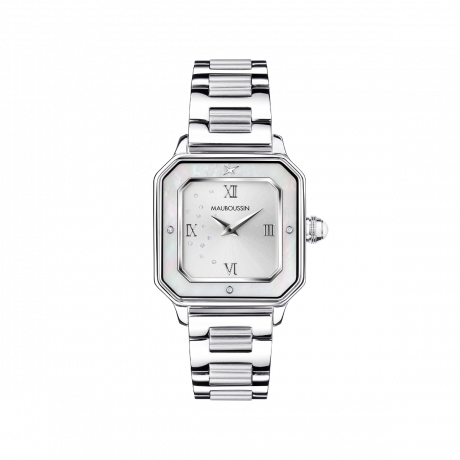 MONTRE JE T'ADORE JOUR ET NUIT, ACIER, CARRÉE BLANCHE Acier, diamants et nacre