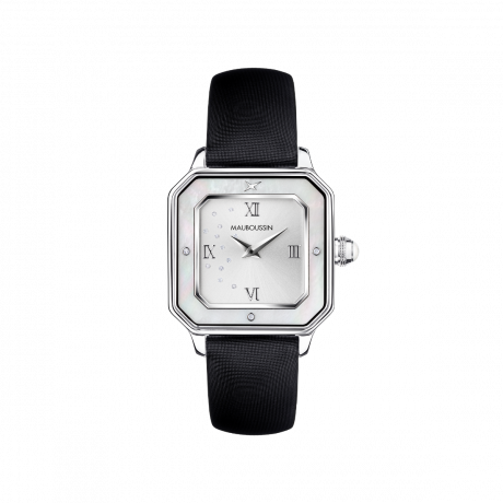 MONTRE JE T'ADORE JOUR ET NUIT, CUIR, CARRÉE BLANCHE Cuir, diamants et nacre