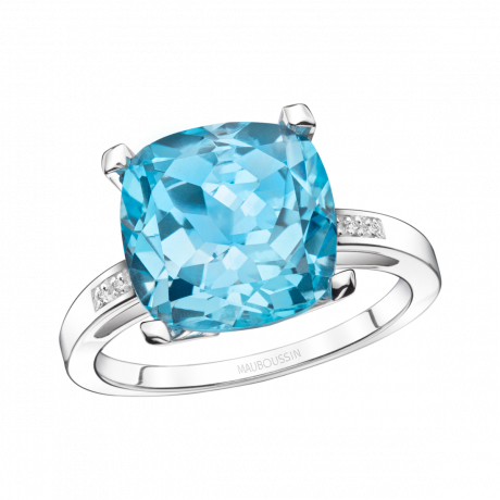 Bague Petit Visage d'Amour, topaze bleue Or blanc, topaze bleue et diamants