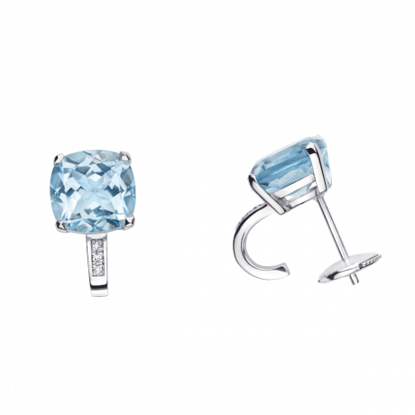 Boucles d'oreilles Petit Visage d'Amour, topaze bleue Or blanc, topazes bleues et diamants