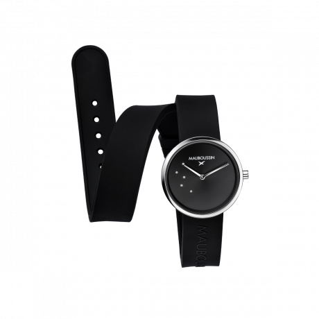 Montre L'Heure Vraie, ronde noire   Acier, silicone et diamants