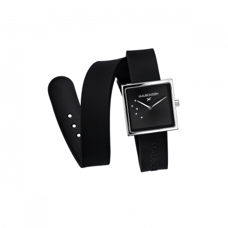 Montre L'Heure Vraie, carré noir  Acier, silicone et diamants